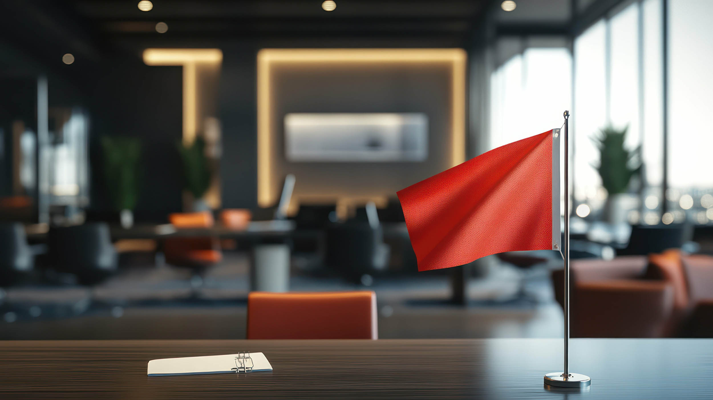 Red flag placed on a meeting table, symbolising risk identification and red-flag crisis tabletop exercises.